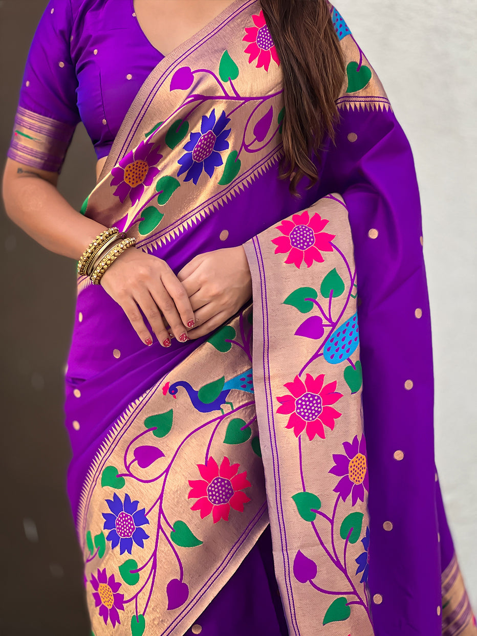 Purple Pure Paithani Silk Zari Woven Big Border Paithani Saree 