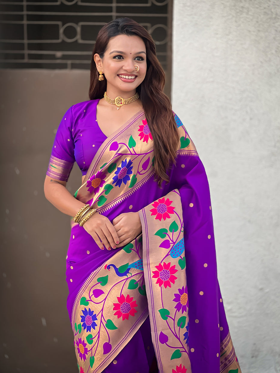 Purple Pure Paithani Silk Zari Woven Big Border Paithani Saree 