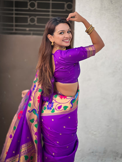 Purple Pure Paithani Silk Zari Woven Big Border Paithani Saree 
