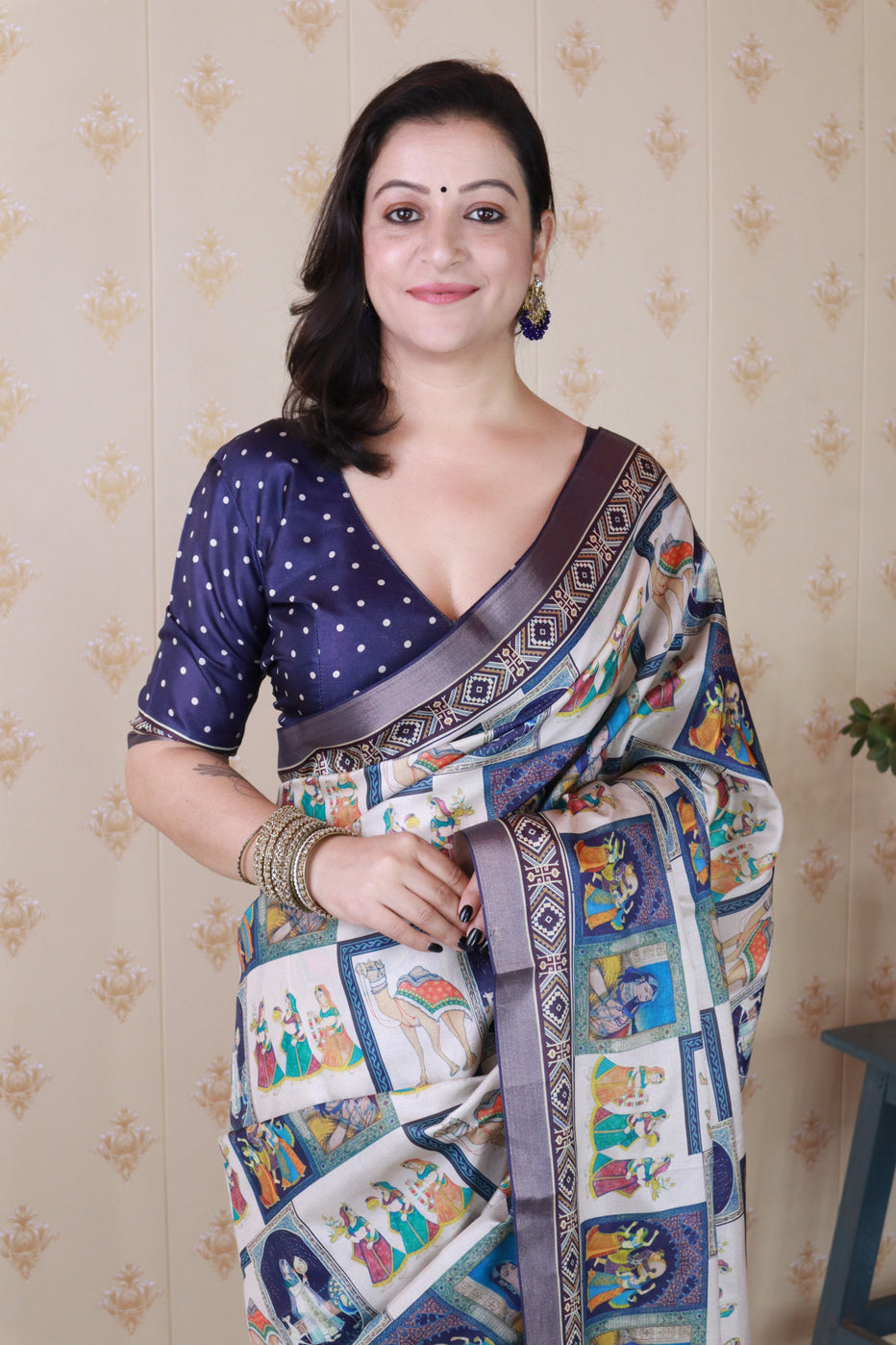 Blue Pure Tussar Silk Bold Kalamkari Figure Printed Tussar Saree Tussar Saree Anant Tex Exports Pvt.Ltd..