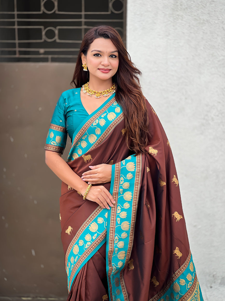 Coffee Soft Silk Pichwai Traditional Zari Paithani Saree
