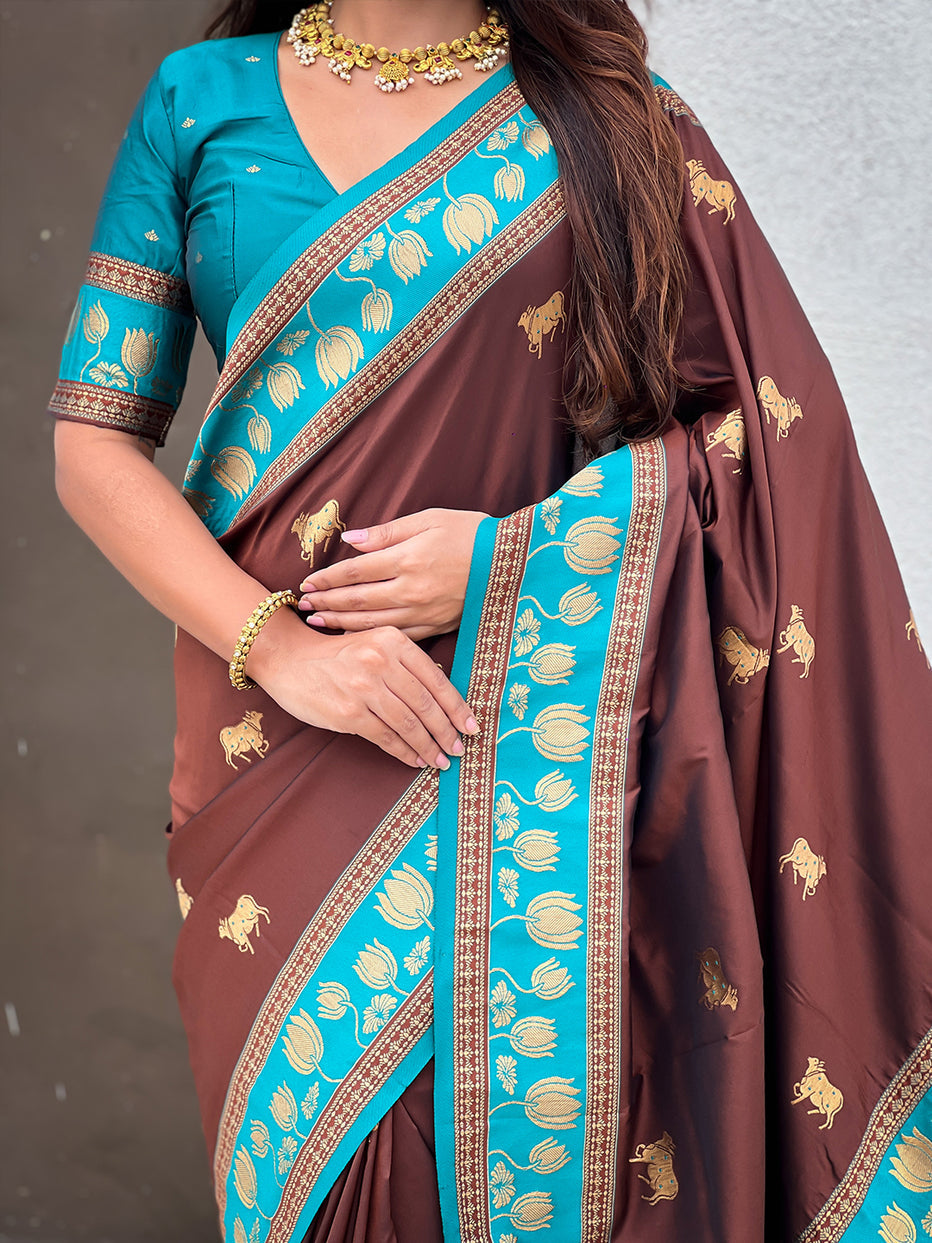 Coffee Soft Silk Pichwai Traditional Zari Paithani Saree
