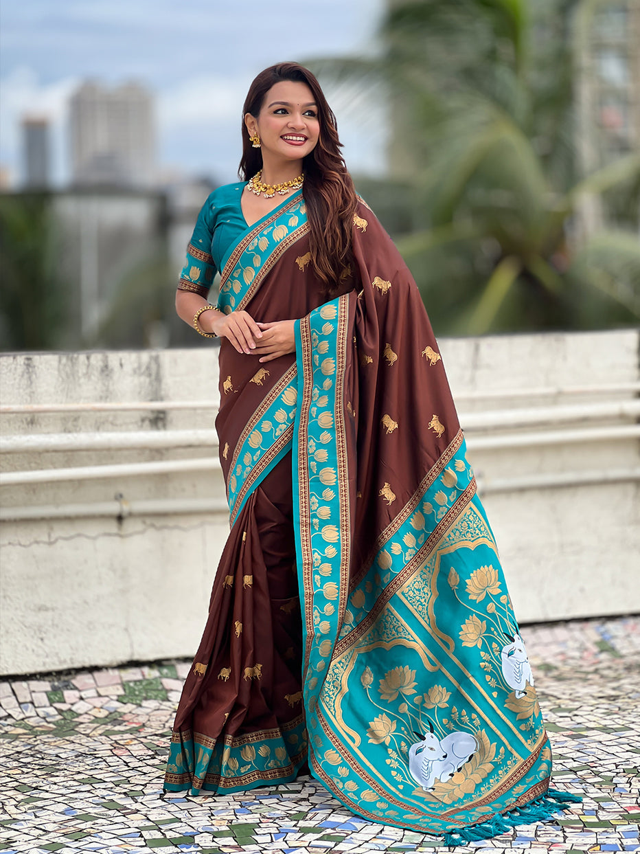 Coffee Soft Silk Pichwai Traditional Zari Paithani Saree