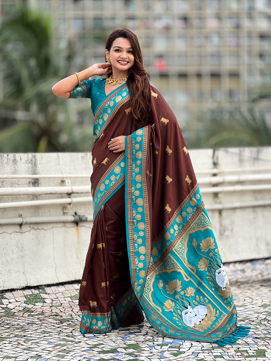 Coffee Soft Silk Pichwai Traditional Zari Paithani Saree