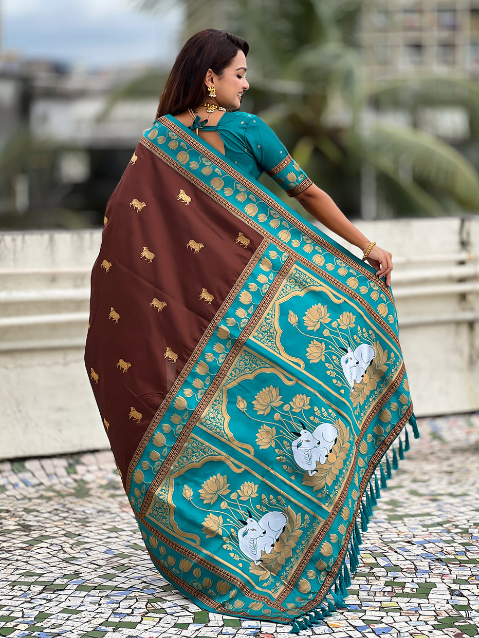 Coffee Soft Silk Pichwai Traditional Zari Paithani Saree