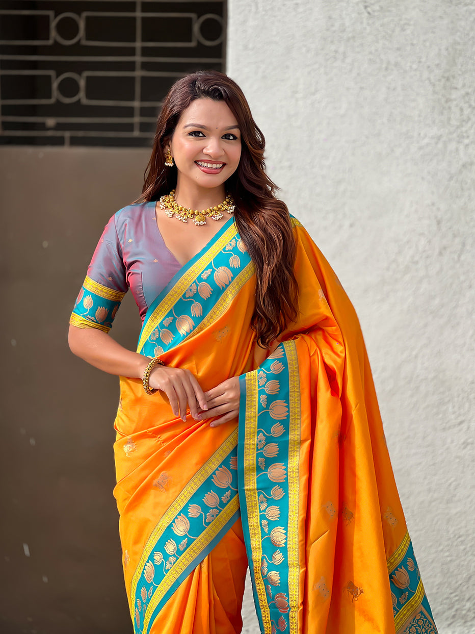 Orange Soft Silk Pichwai Traditional Zari Paithani Saree
