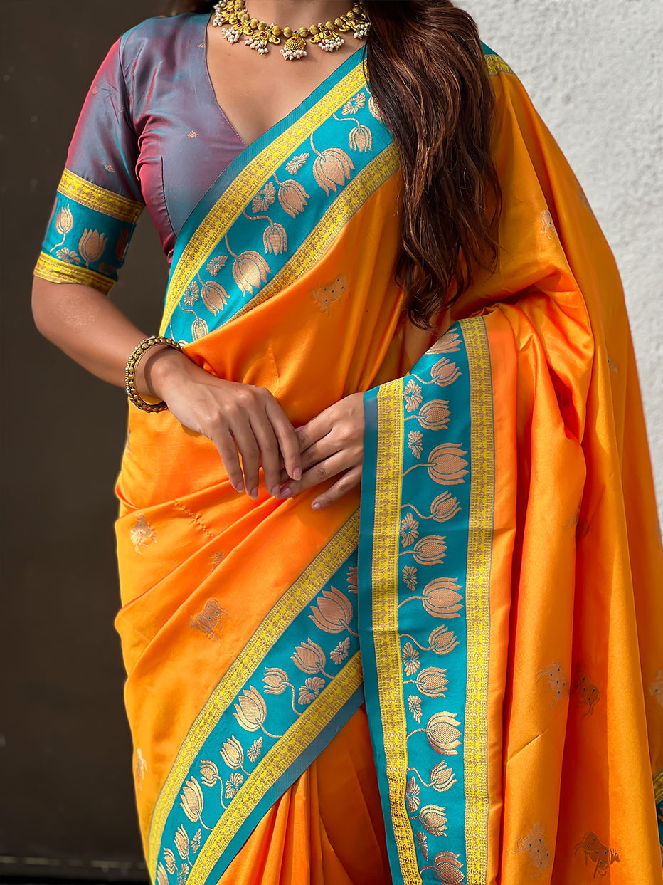 Orange Soft Silk Pichwai Traditional Zari Paithani Saree