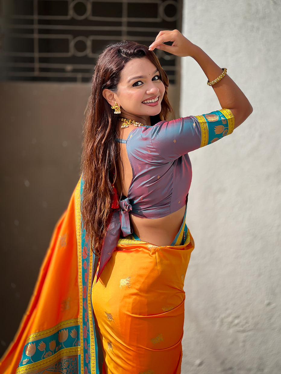 Orange Soft Silk Pichwai Traditional Zari Paithani Saree