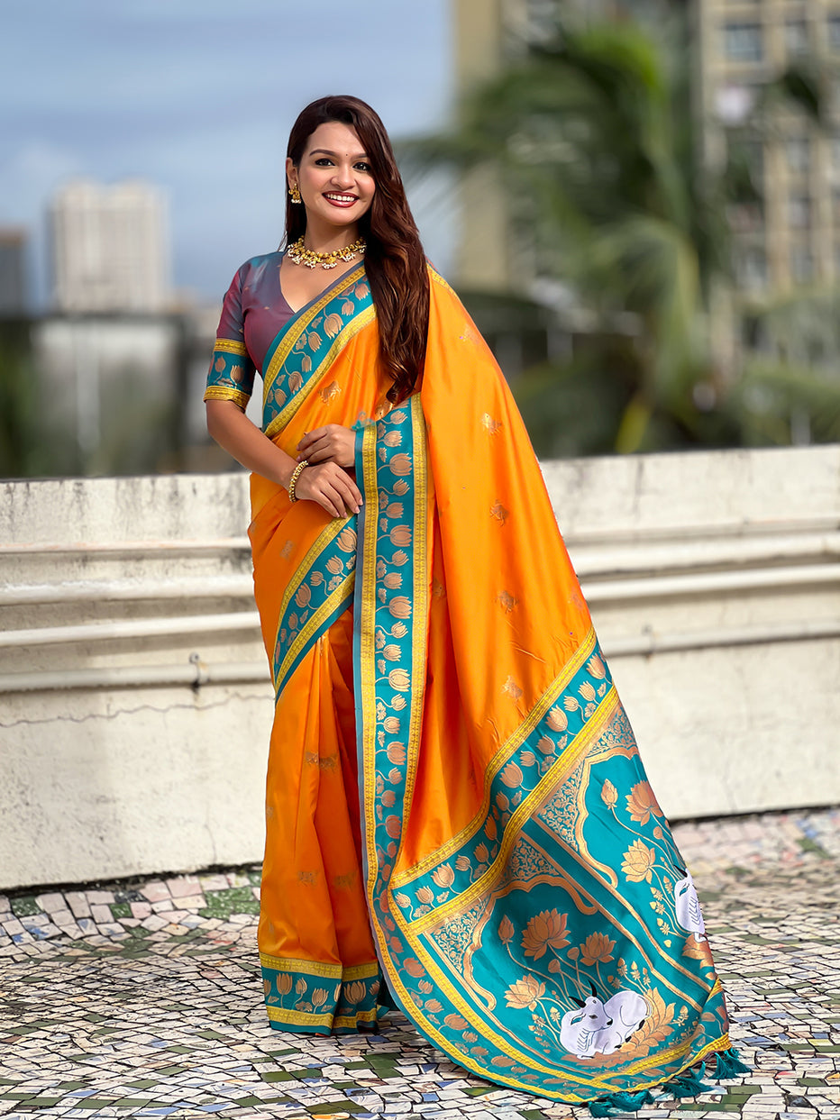 Orange Soft Silk Pichwai Traditional Zari Paithani Saree