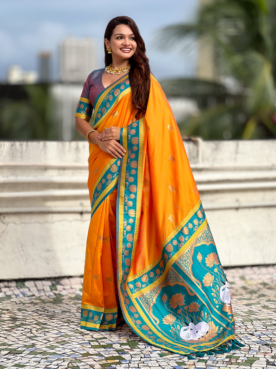 Orange Soft Silk Pichwai Traditional Zari Paithani Saree