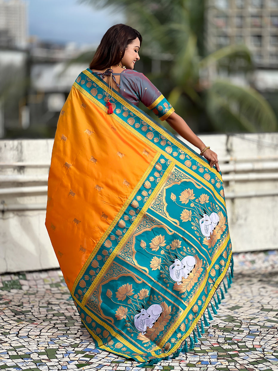 Orange Soft Silk Pichwai Traditional Zari Paithani Saree