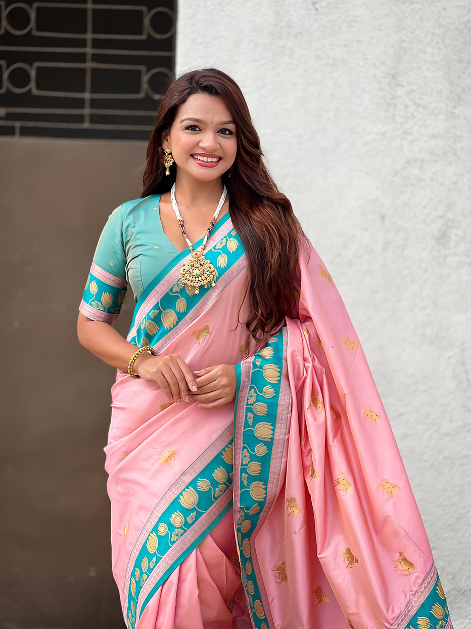 Baby Pink Soft Silk Pichwai Traditional Zari Paithani Saree