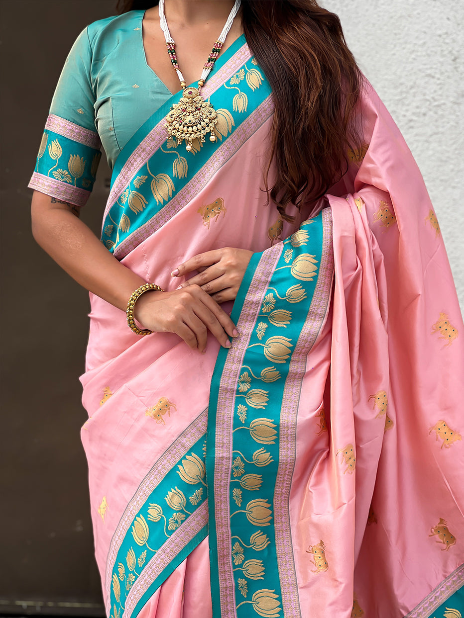 Baby Pink Soft Silk Pichwai Traditional Zari Paithani Saree