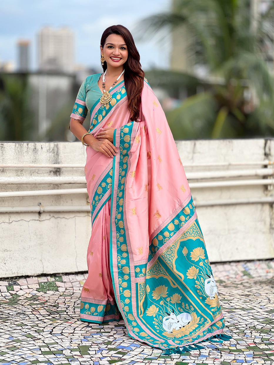 Baby Pink Soft Silk Pichwai Traditional Zari Paithani Saree