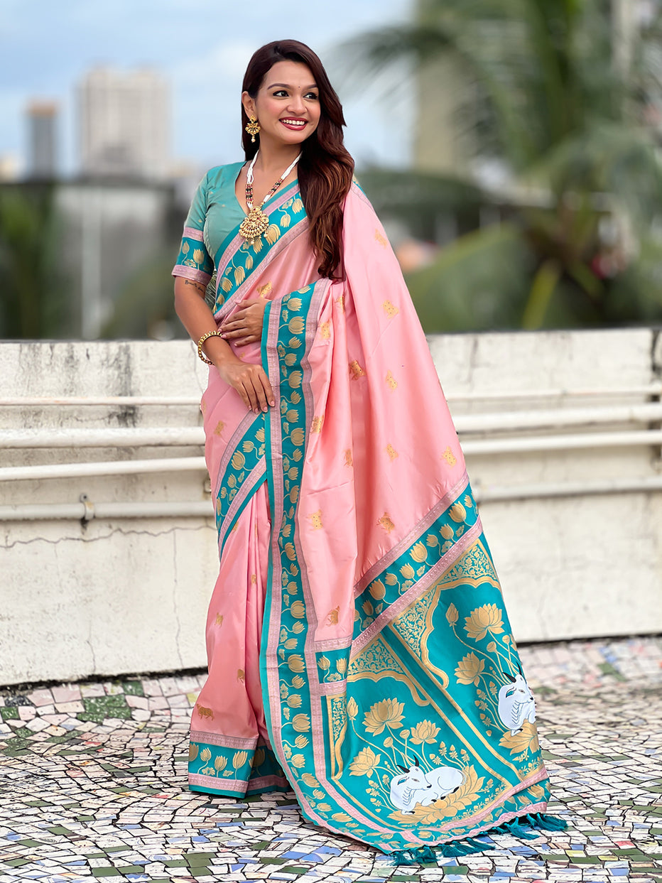 Baby Pink Soft Silk Pichwai Traditional Zari Paithani Saree