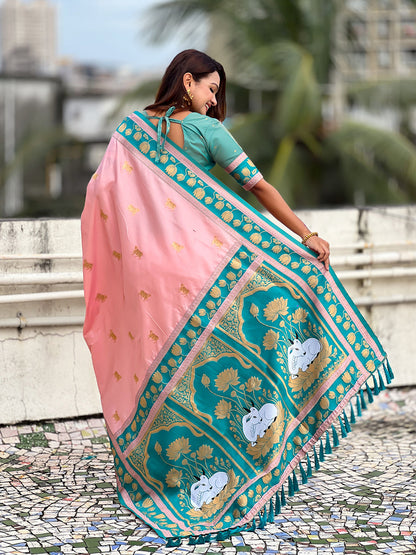 Baby Pink Soft Silk Pichwai Traditional Zari Paithani Saree Banarasi Silk Saree Anant Tex Exports Pvt.Ltd..