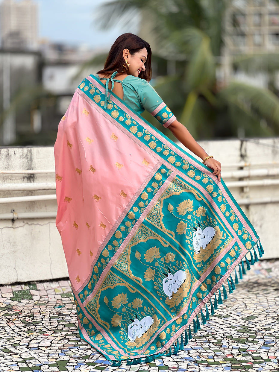 Baby Pink Soft Silk Pichwai Traditional Zari Paithani Saree