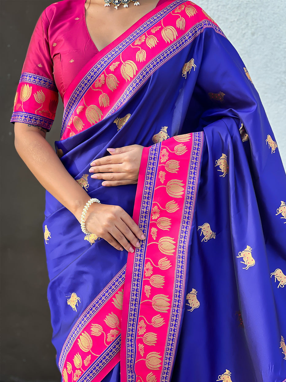 Violet Soft Silk Pichwai Traditional Zari Paithani Saree