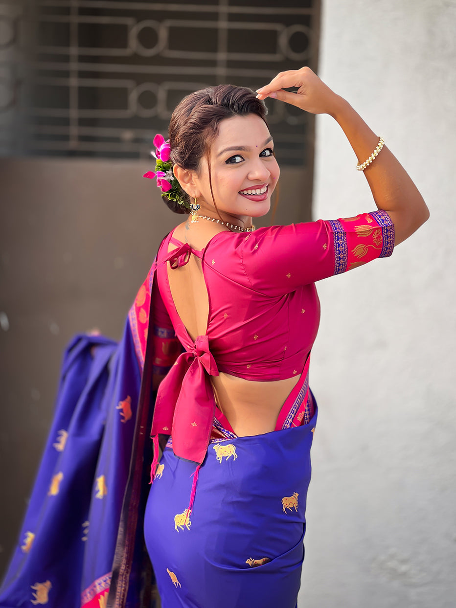 Violet Soft Silk Pichwai Traditional Zari Paithani Saree