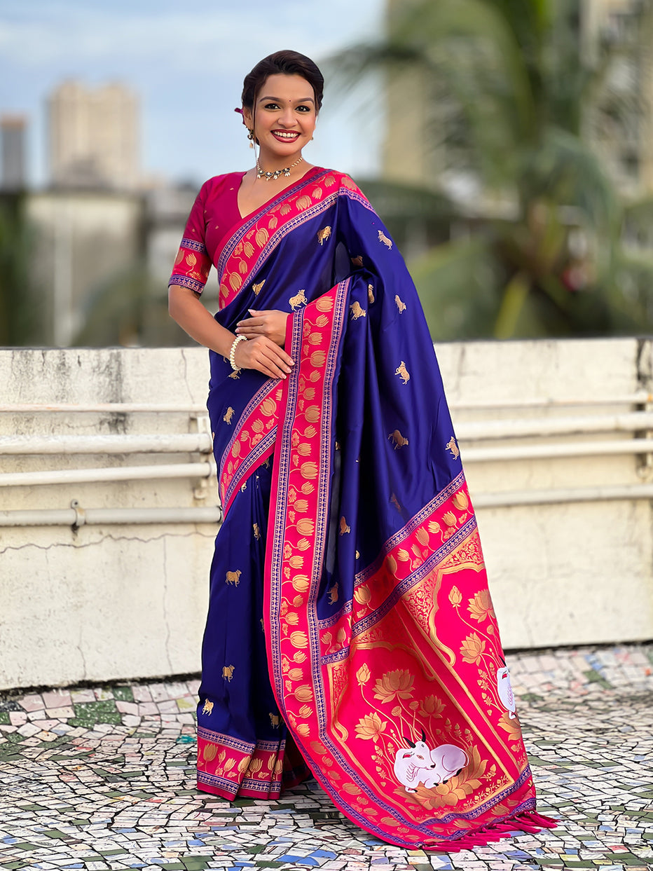 Violet Soft Silk Pichwai Traditional Zari Paithani Saree