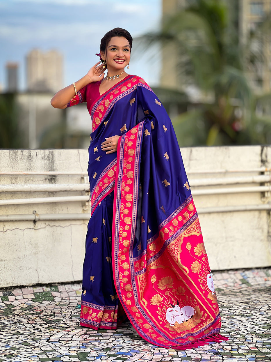 Violet Soft Silk Pichwai Traditional Zari Paithani Saree