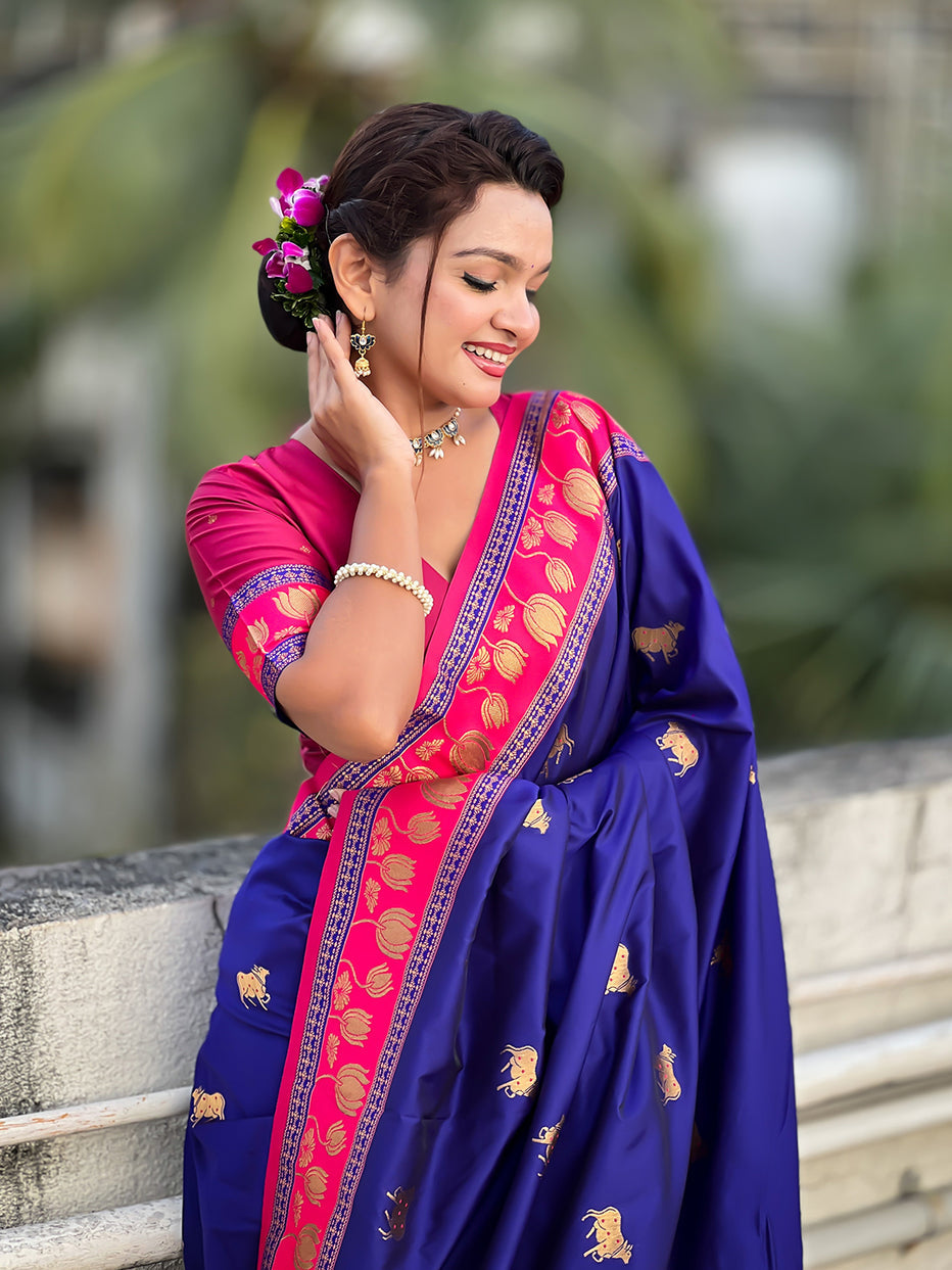 Violet Soft Silk Pichwai Traditional Zari Paithani Saree