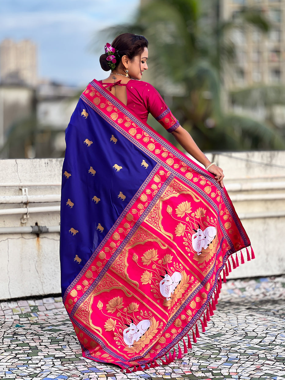 Violet Soft Silk Pichwai Traditional Zari Paithani Saree