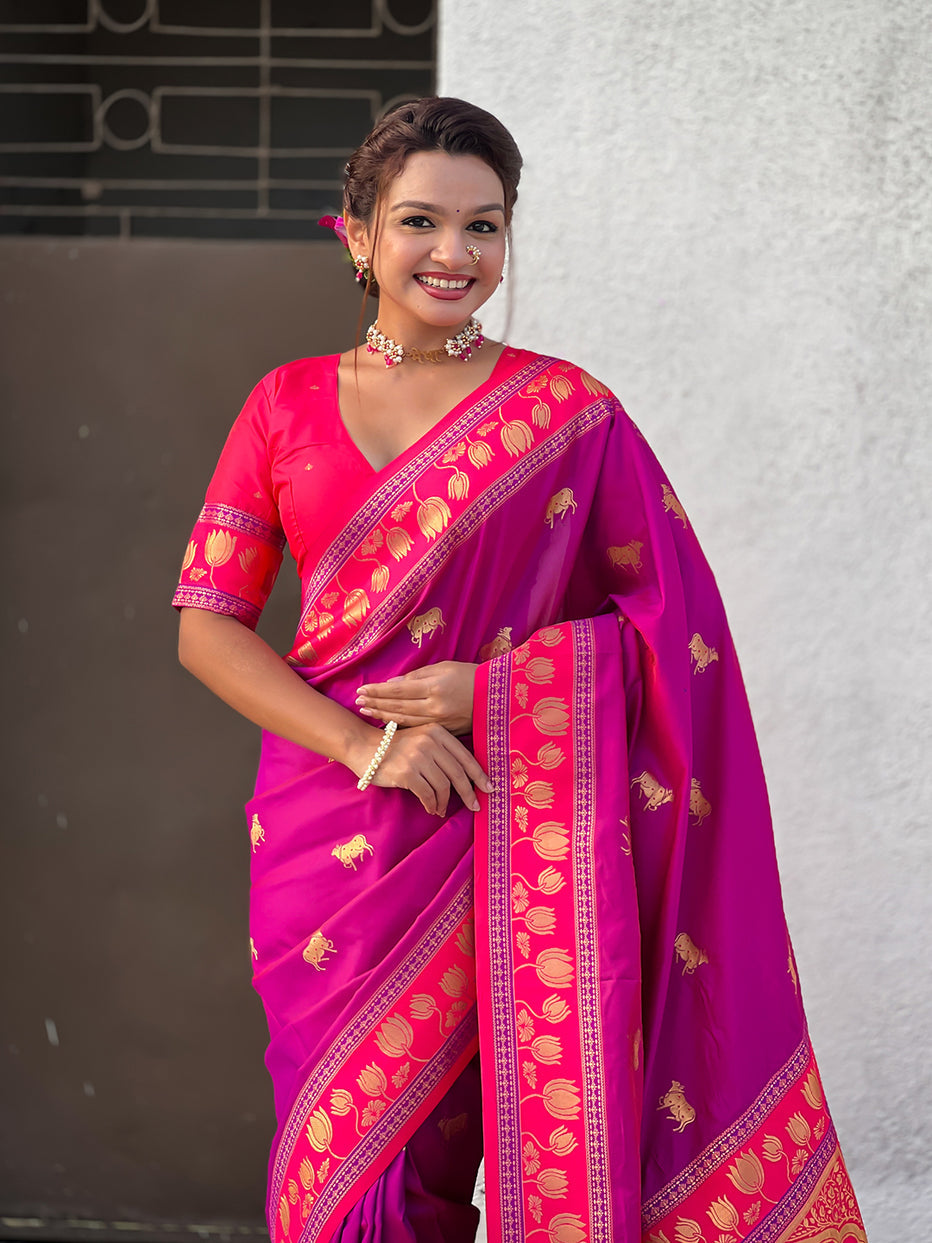 Pink Soft Silk Pichwai Traditional Zari Paithani Saree