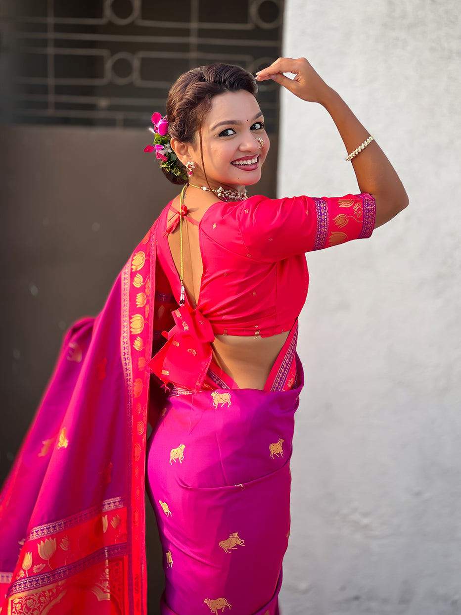 Pink Soft Silk Pichwai Traditional Zari Paithani Saree