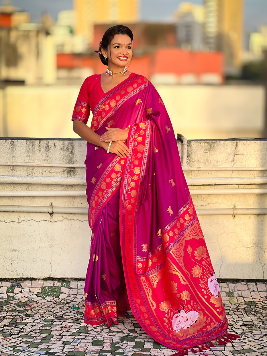 Pink Soft Silk Pichwai Traditional Zari Paithani Saree