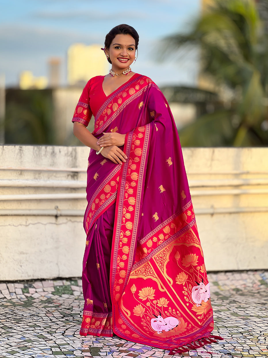 Pink Soft Silk Pichwai Traditional Zari Paithani Saree