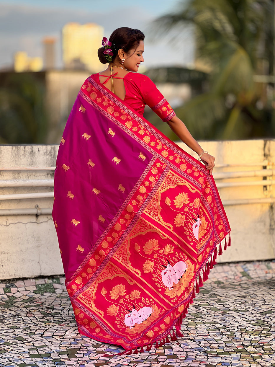 Pink Soft Silk Pichwai Traditional Zari Paithani Saree
