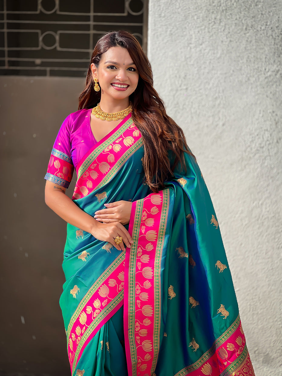 Green Soft Silk Pichwai Traditional Zari Paithani Saree