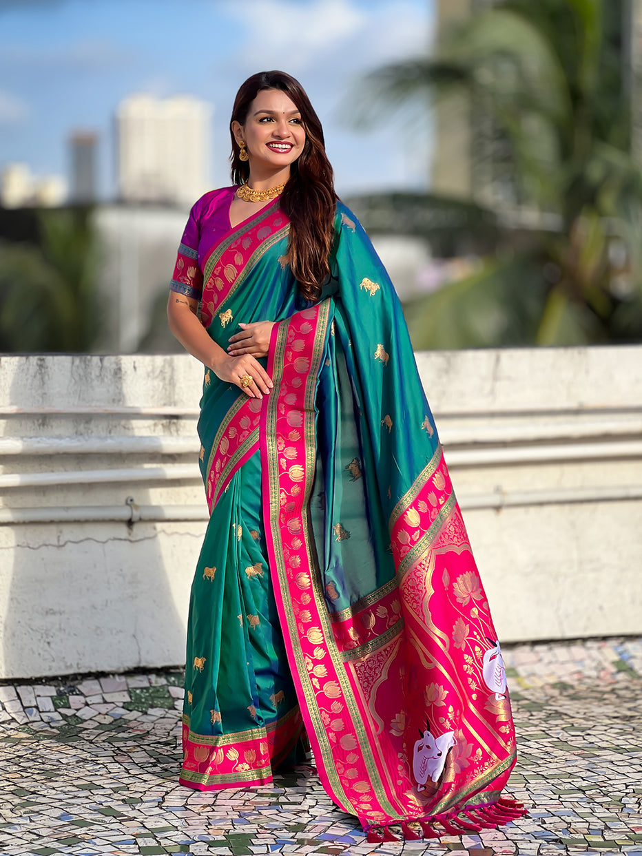 Green Soft Silk Pichwai Traditional Zari Paithani Saree