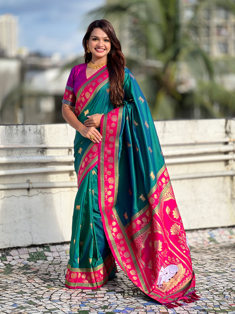 Green Soft Silk Pichwai Traditional Zari Paithani Saree Banarasi Silk Saree Anant Tex Exports Pvt.Ltd..