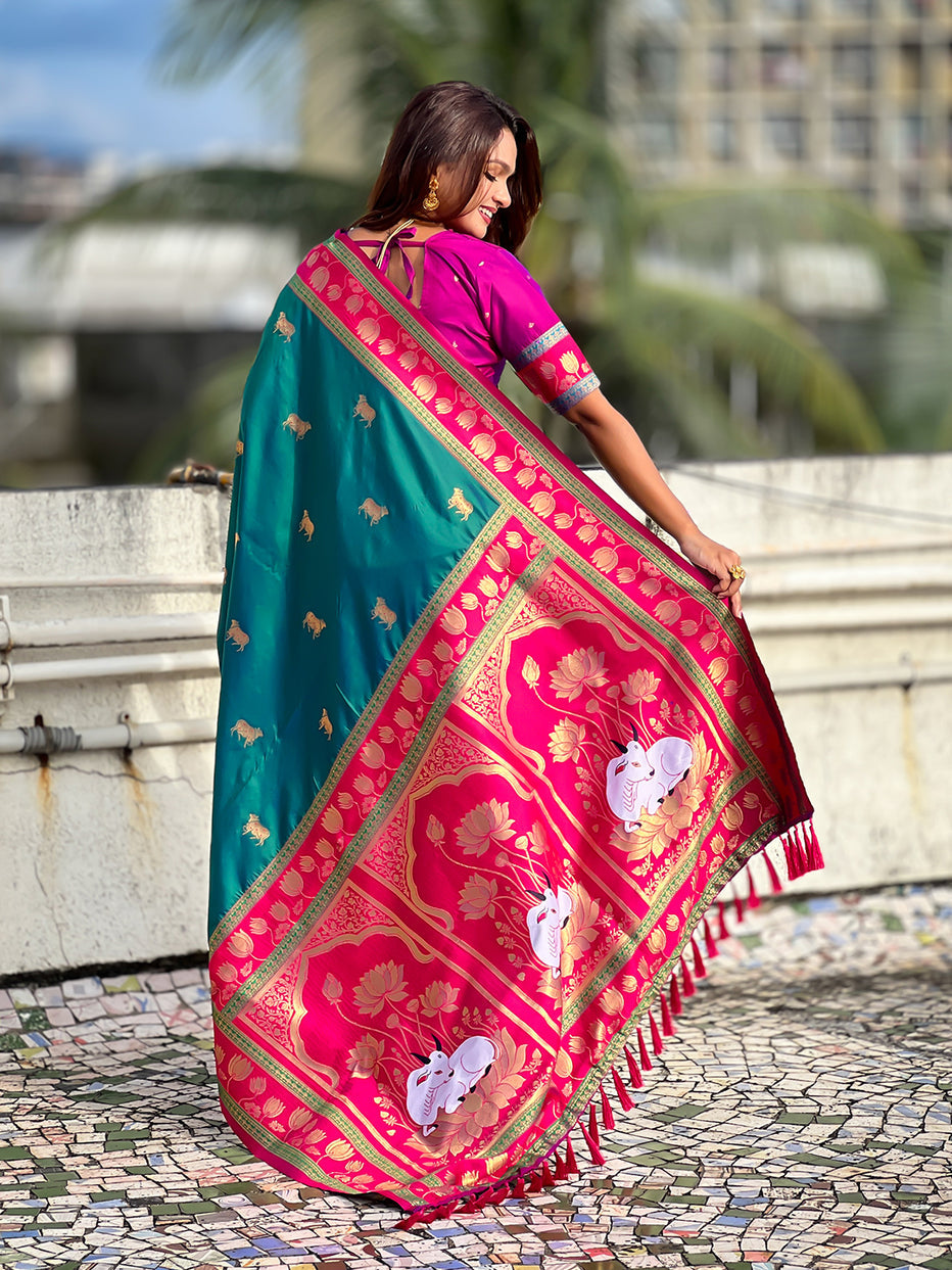 Green Soft Silk Pichwai Traditional Zari Paithani Saree