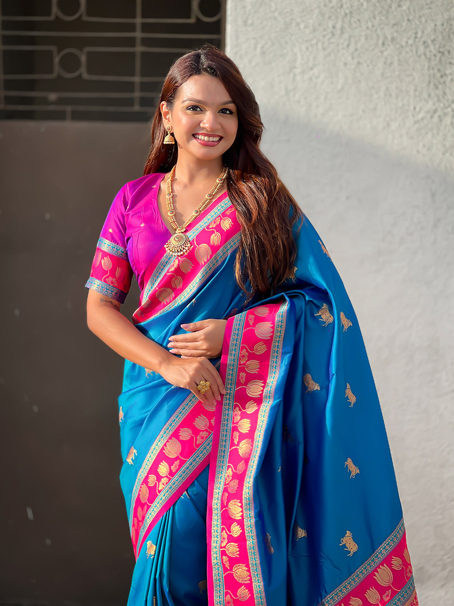 Blue Soft Silk Pichwai Traditional Zari Paithani Saree