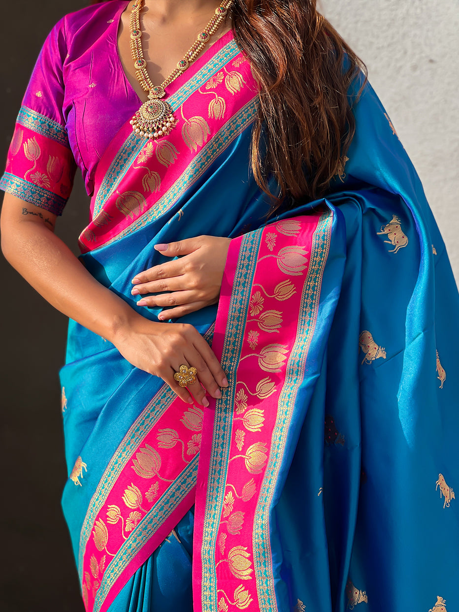 Blue Soft Silk Pichwai Traditional Zari Paithani Saree