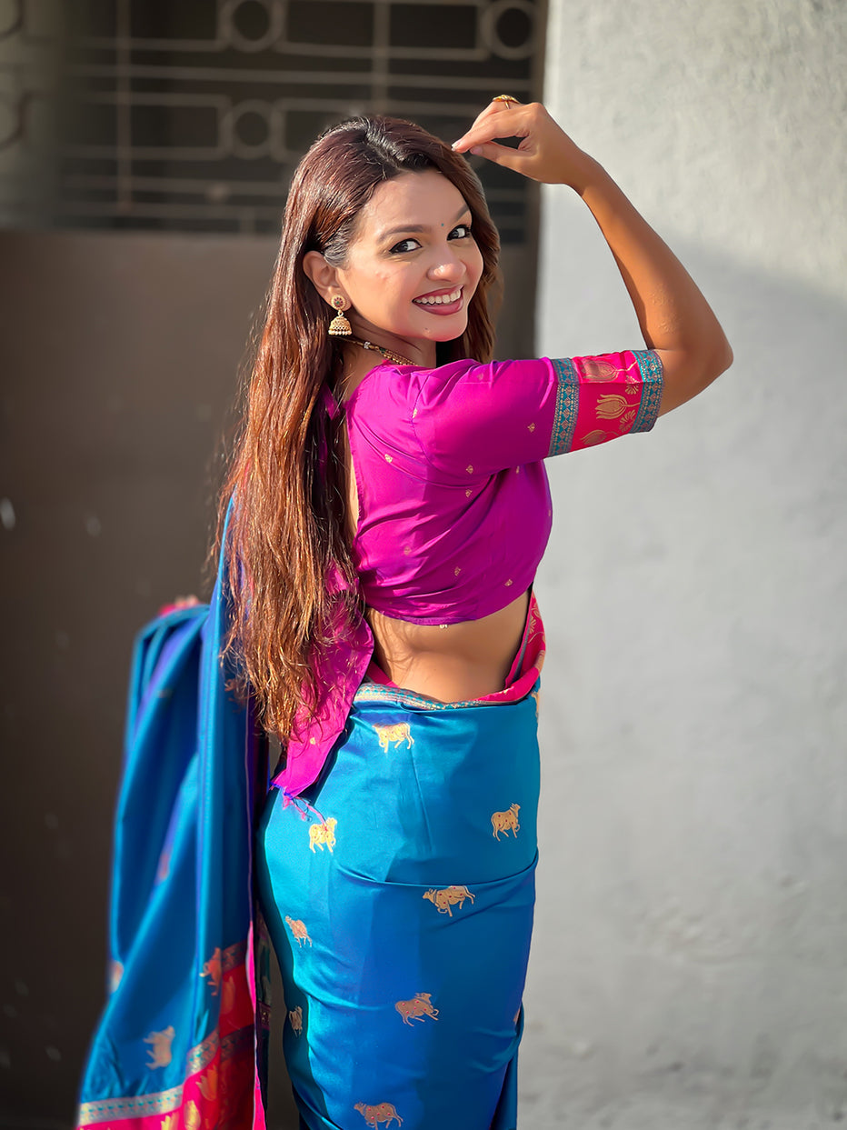 Blue Soft Silk Pichwai Traditional Zari Paithani Saree