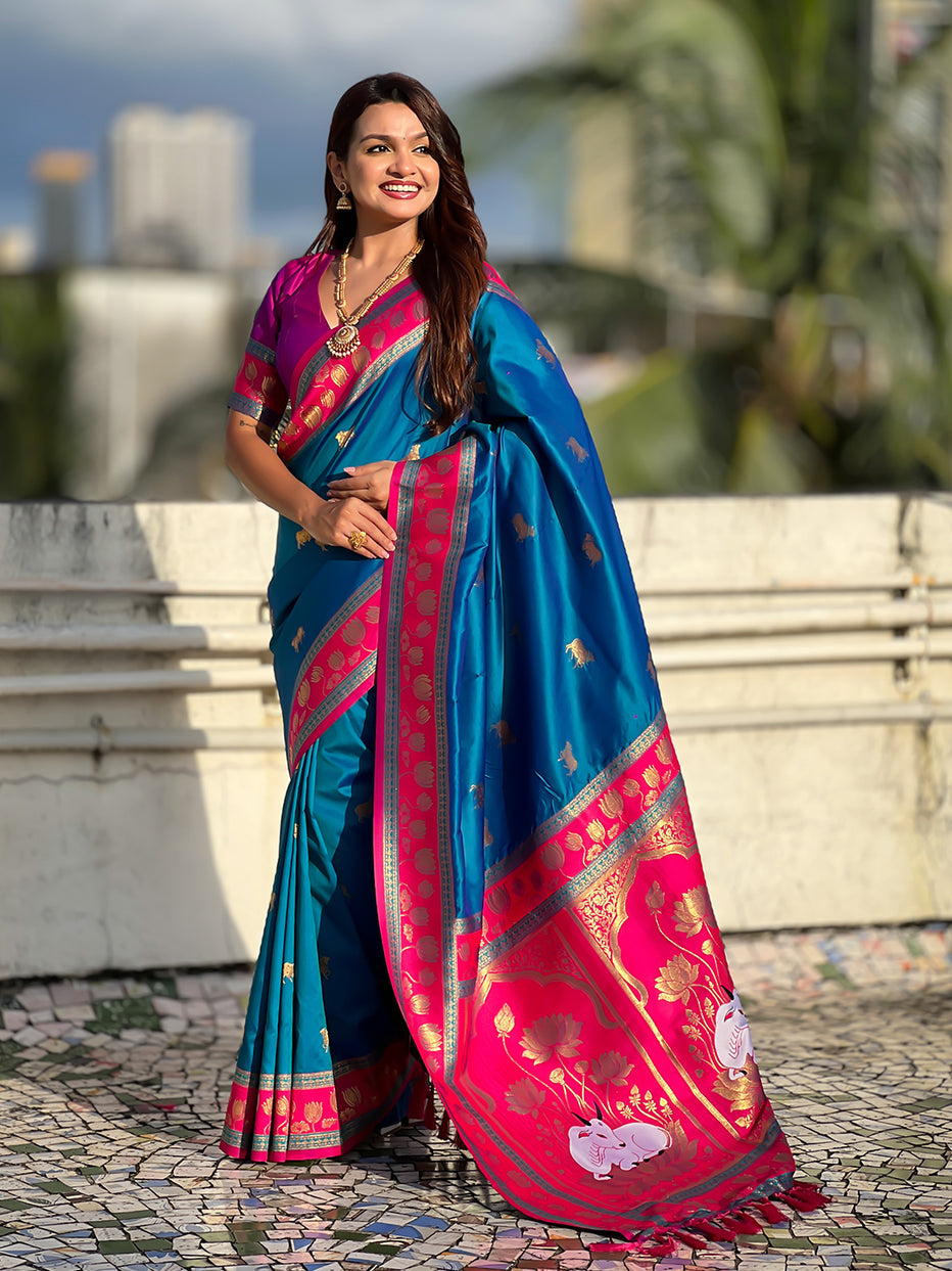 Blue Soft Silk Pichwai Traditional Zari Paithani Saree