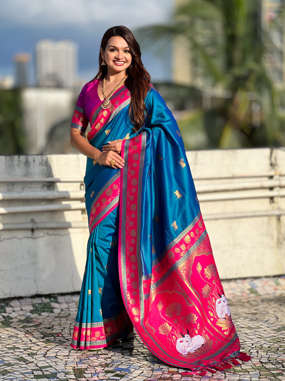 Blue Soft Silk Pichwai Traditional Zari Paithani Saree