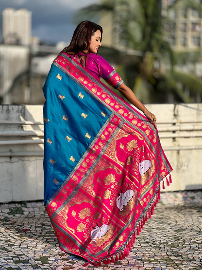 Blue Soft Silk Pichwai Traditional Zari Paithani Saree Banarasi Silk Saree Anant Tex Exports Pvt.Ltd..