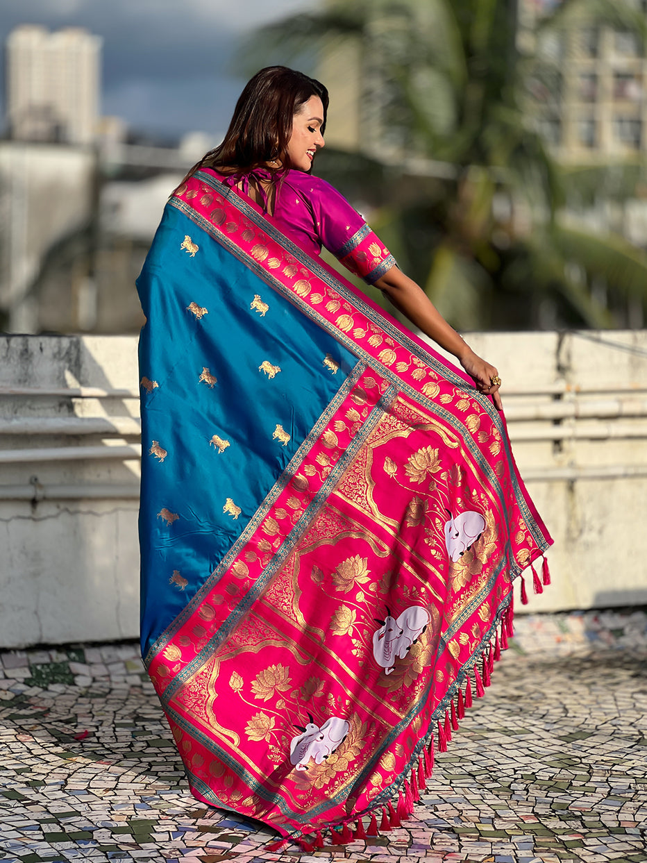 Blue Soft Silk Pichwai Traditional Zari Paithani Saree