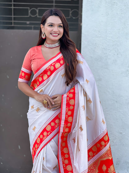Cream Soft Silk Pichwai Traditional Zari Paithani Saree Banarasi Silk Saree Anant Tex Exports Pvt.Ltd..