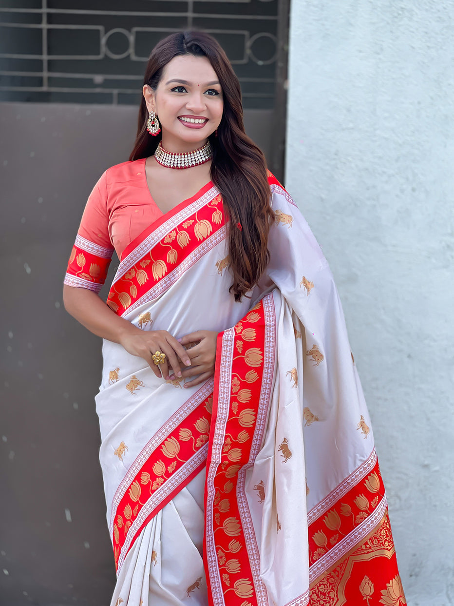 Cream Soft Silk Pichwai Traditional Zari Paithani Saree