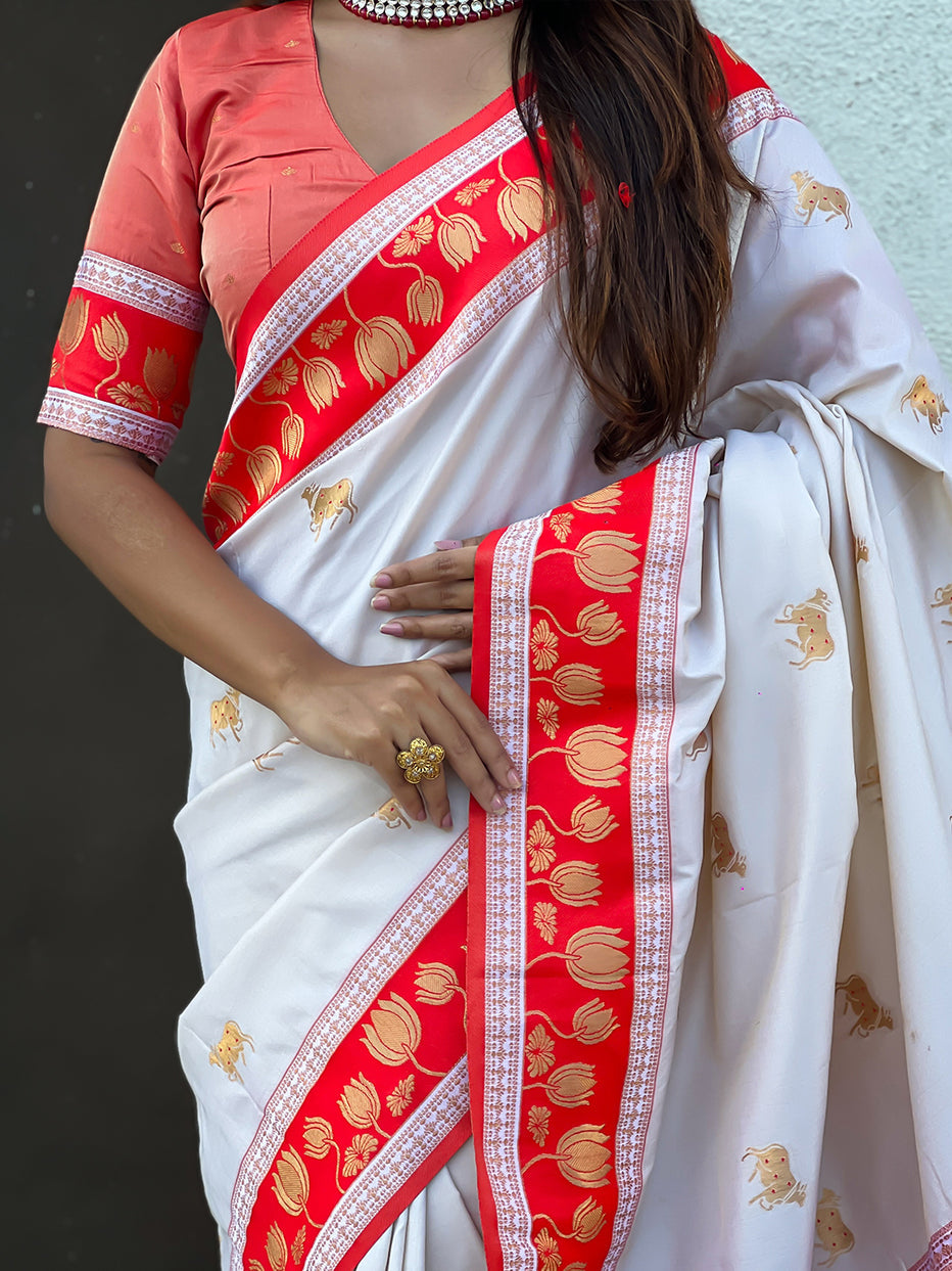 Cream Soft Silk Pichwai Traditional Zari Paithani Saree