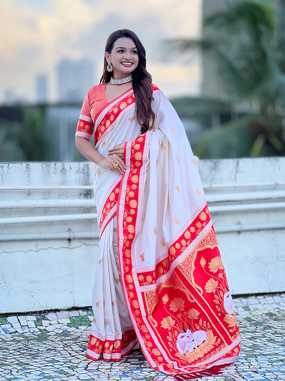 Cream Soft Silk Pichwai Traditional Zari Paithani Saree