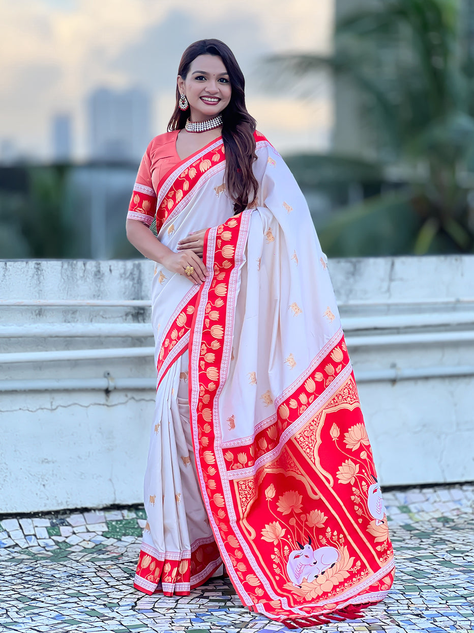 Cream Soft Silk Pichwai Traditional Zari Paithani Saree