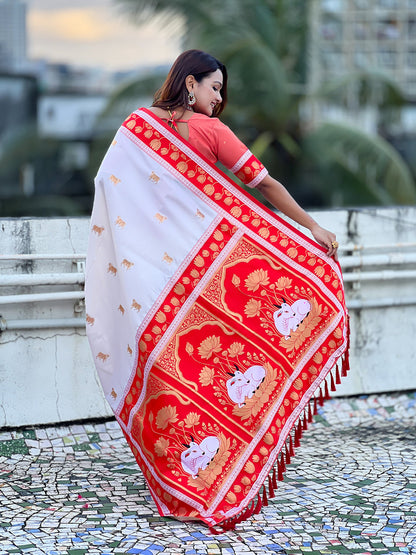 Cream Soft Silk Pichwai Traditional Zari Paithani Saree Banarasi Silk Saree Anant Tex Exports Pvt.Ltd..