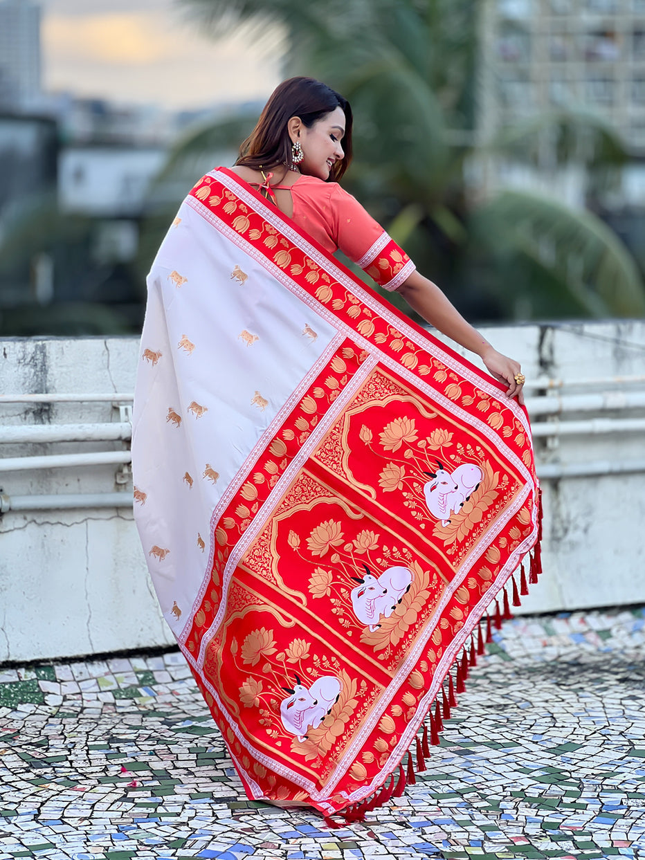 Cream Soft Silk Pichwai Traditional Zari Paithani Saree